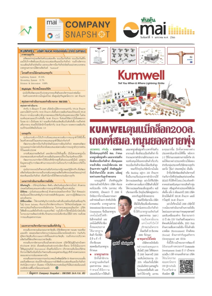 KUMWEL : บริษัท คัมเวล คอร์ปอเรชั่น จำกัด (มหาชน) ทันหุ้น วันที่ 9 มกราคม พ.ศ. 2566