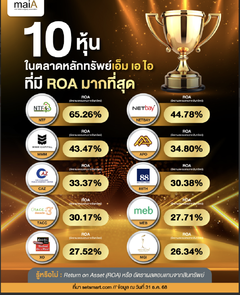 10 หุ้นในตลาดหลักทรัพย์ เอ็ม เอ ไอ ที่มี ROA มากที่สุด