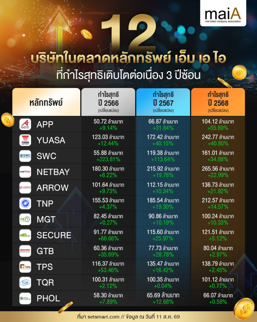 12 บริษัทในตลาดหลักทรัพย์ เอ็ม เอ ไอ ที่กำไรสุทธิเติบโตต่อเนื่อง 3 ปีซ้อน